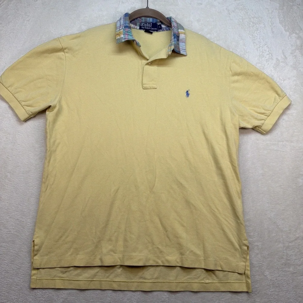 Polo Ralph Lauren Polo‎ Shirt Mens Large Yellow Madras Collar Preppy